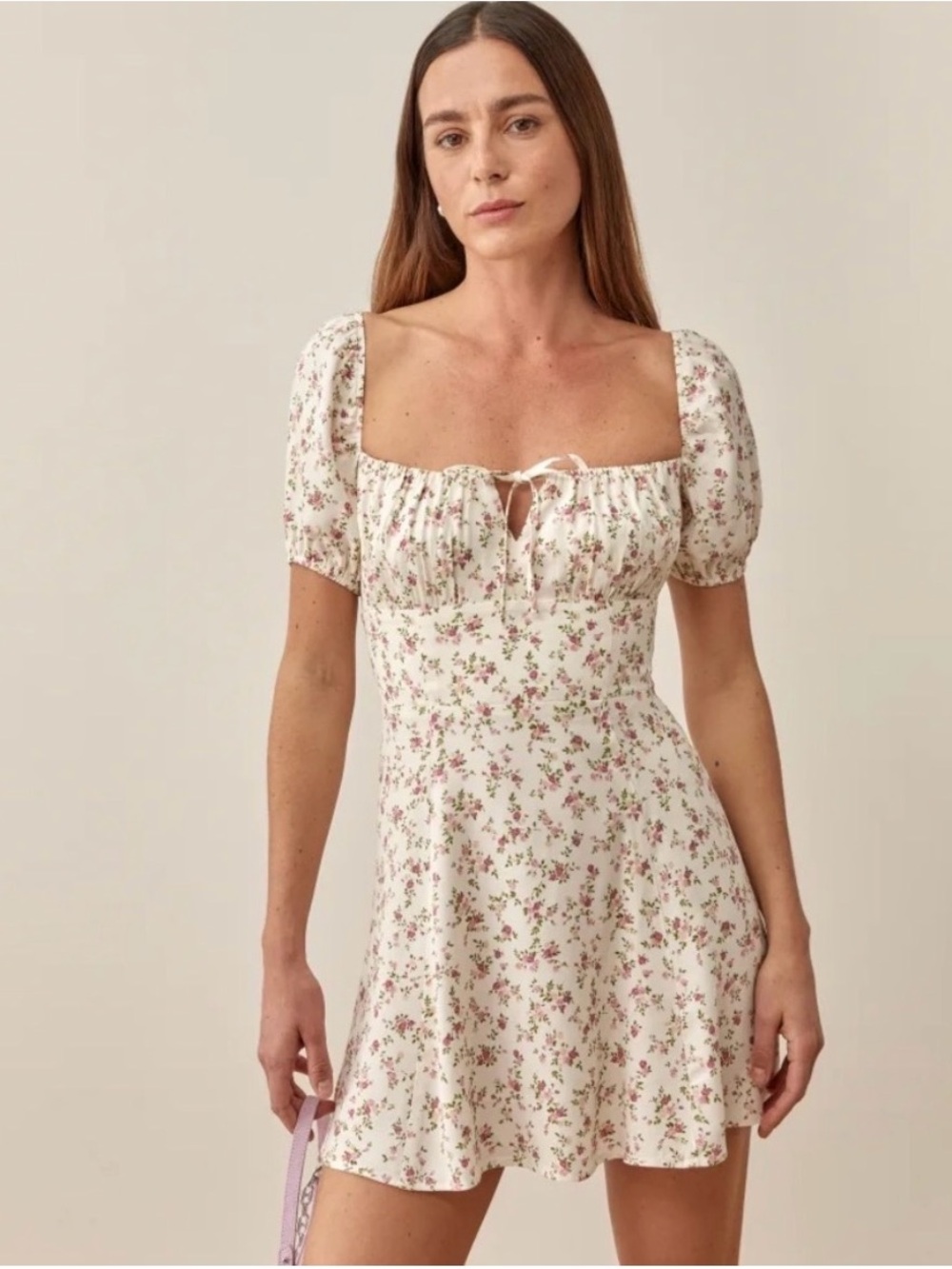 Reformation Corbin Ivory Pink Floral Milkmaid Cottagecore Mini Dress Sz0